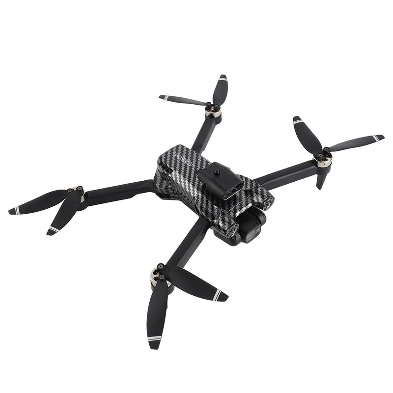 Carbon-fiber style quadcopter drone with camera, four black propellers