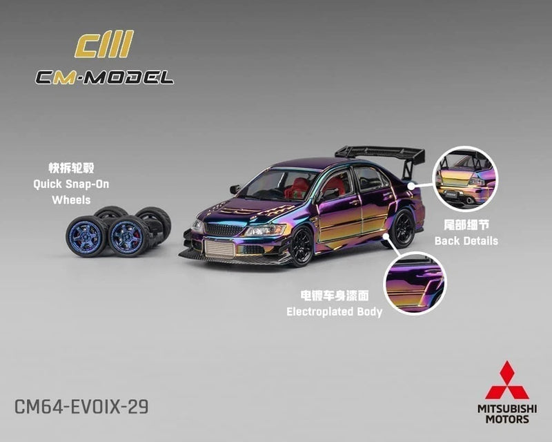 Chrome purple Mitsubishi Lancer Evolution IX die-cast model, front three-quarter view with spoiler