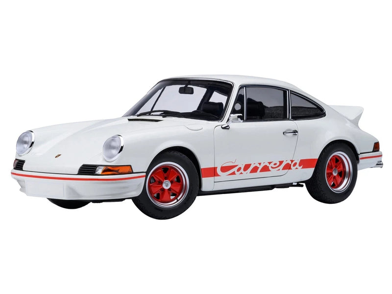 White die-cast model car with red wheels and side racing decal