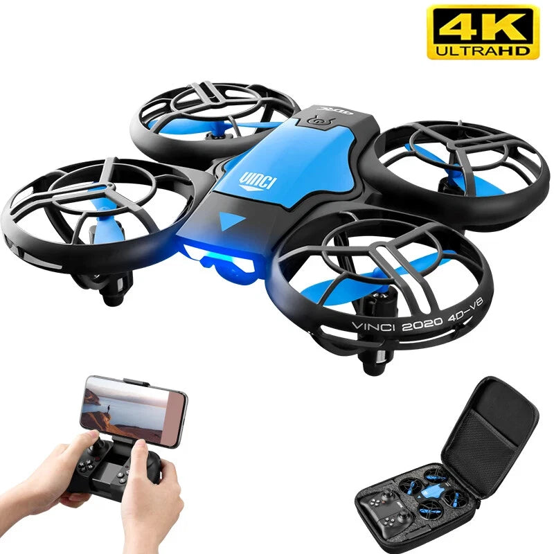 Blue and black mini quadcopter drone with 4 propellers and remote controller