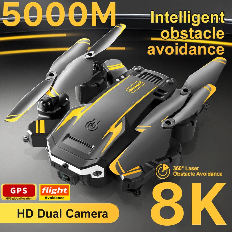 Foldable quadcopter drone with yellow accents and dual HD cameras