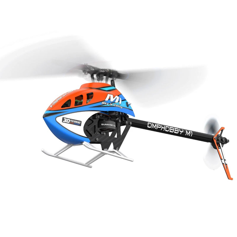 Orange and blue 3D RC helicopter with skids, tail boom, and rotor blades