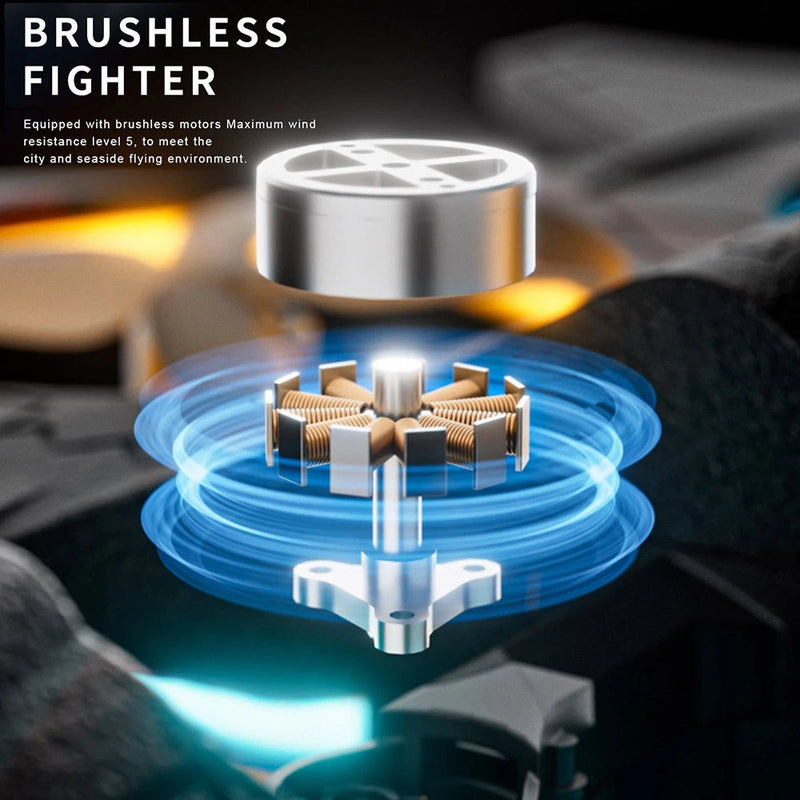 Brushless drone motor module with prop guards and blue LED ring