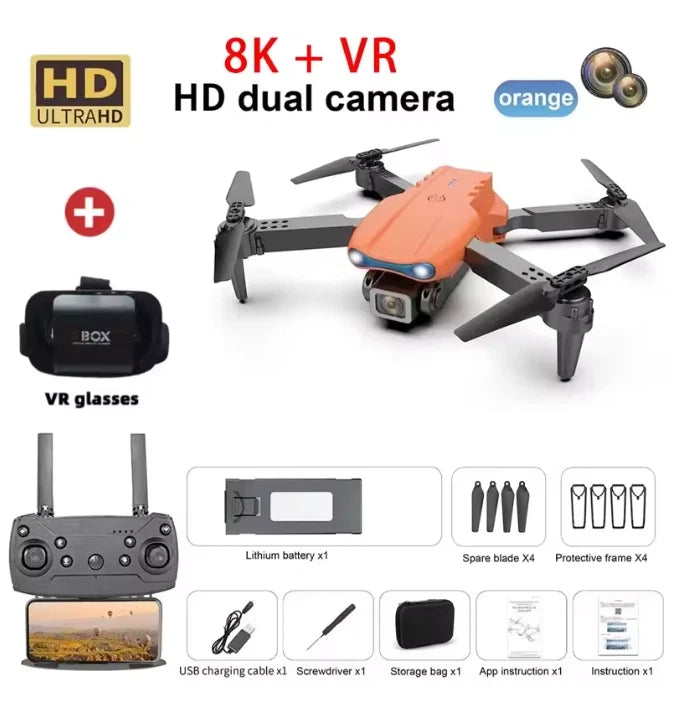 E99 Pro GPS drone with orange quadcopter frame and 8K dual HD camera