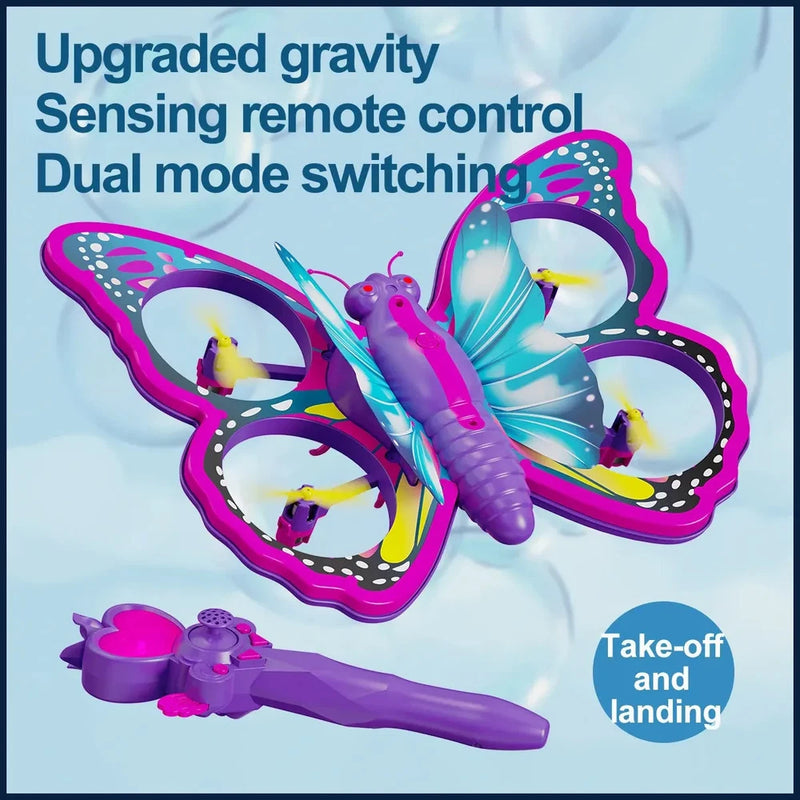 Purple butterfly RC quadcopter drone with four propellers and wing frame
