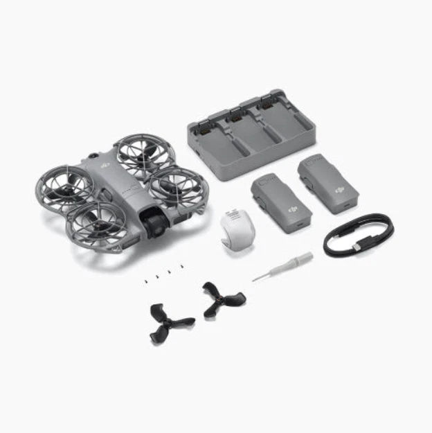DJI Neo 2 accessories kit: drone, 3 batteries, charging stand, propellers