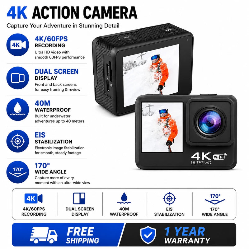 AUSHA 4K Action Cam Waterproof40m Dual Screen WiFi EIS 24MP for Surf Bike Helmet