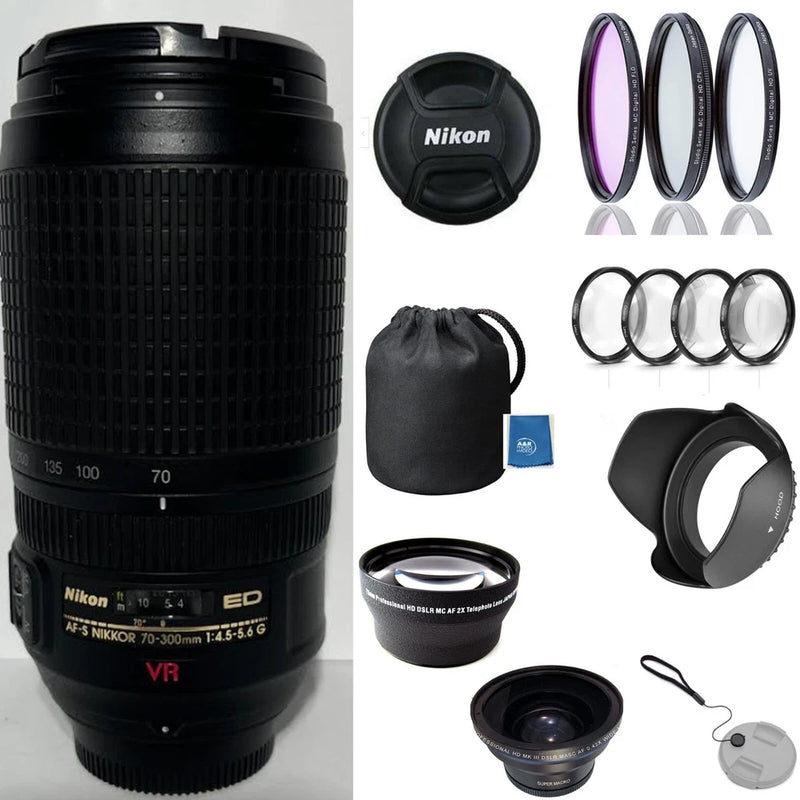 Nikon AF-S NIKKOR 70-300mm f/4.5-5.6G ED VR camera lens with hood, filters, and caps