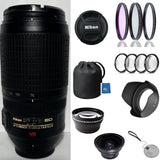 Nikon AF-S NIKKOR 70-300mm f/4.5-5.6G ED VR camera lens with hood, filters, and caps
