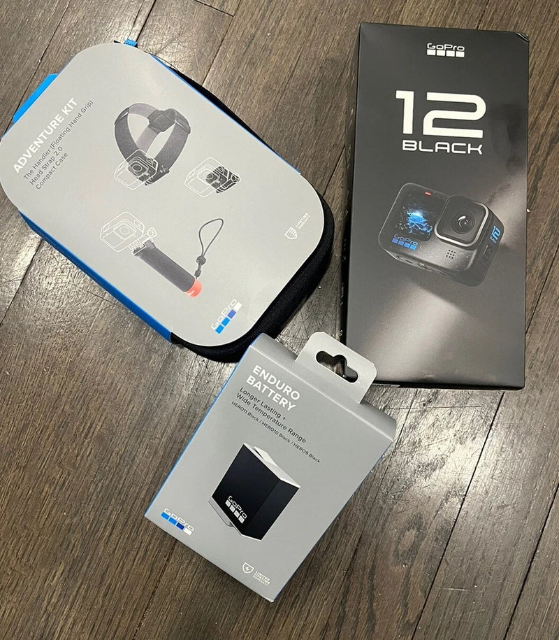 Sealed GoPro HERO12 Black action camera box with Enduro battery pack package