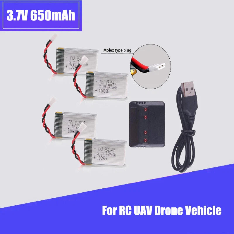 4pcs 650mAh 3.7V 1s Lipo Battery with 4-Port Charger for RC UAV Drone Vehicle