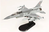 1/72 scale gray F-16D fighter jet model on display stand with markings