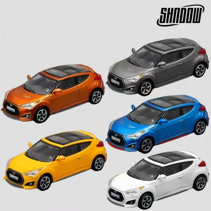 1:64 alloy car model set with five color options: orange, gray, blue, yellow, white