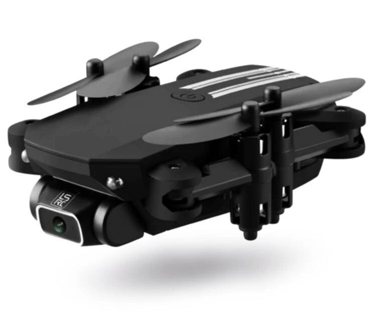 Black RC quadcopter drone with front camera and four propellers