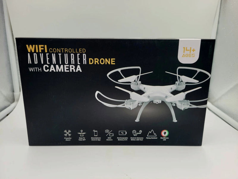 Wifi-controlled drone box with camera, white quadcopter graphic and 4 propellers