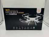 Wifi-controlled drone box with camera, white quadcopter graphic and 4 propellers