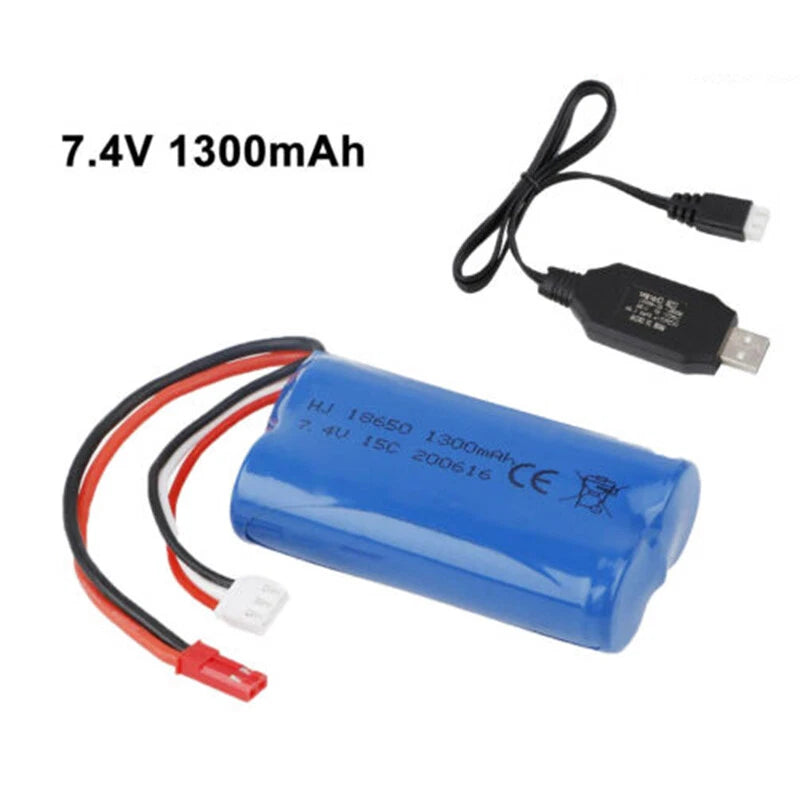 7.4V 1300mAh Li-ion battery pack with JST leads and USB charger cables