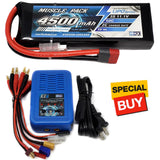 LiPo battery pack with blue EZ6 charger, black battery, and Deans plug wiring kit