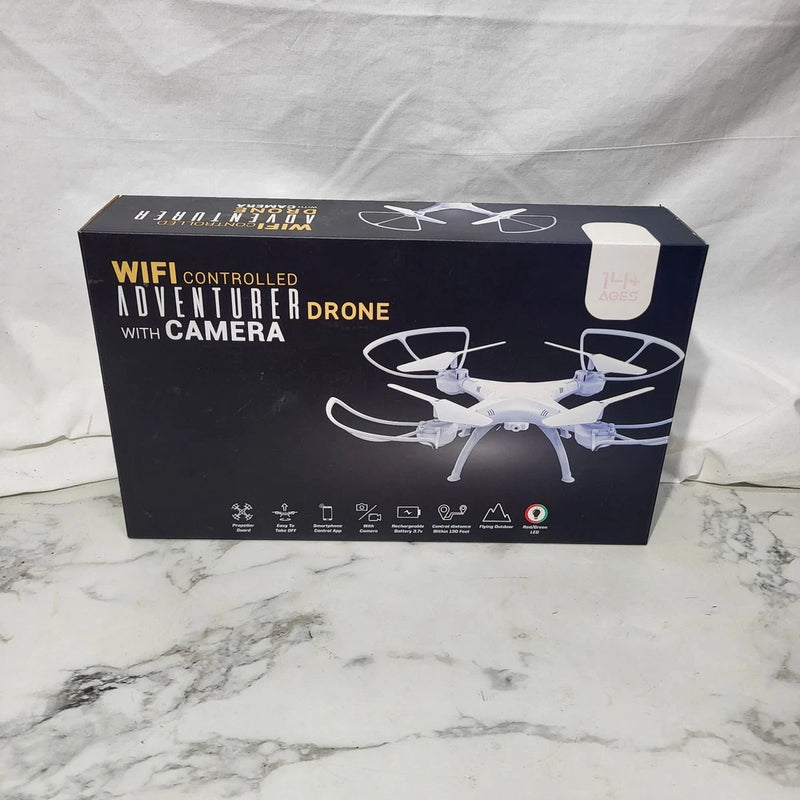 WiFi-controlled adventure drone box with camera and drone illustrations