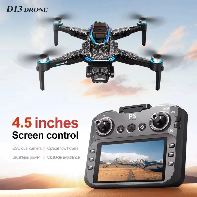 Quadcopter drone with four propellers and camera, plus handheld screen remote control
