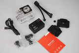 Vemont action camera kit with camera, waterproof case, mounts, cables, and battery.