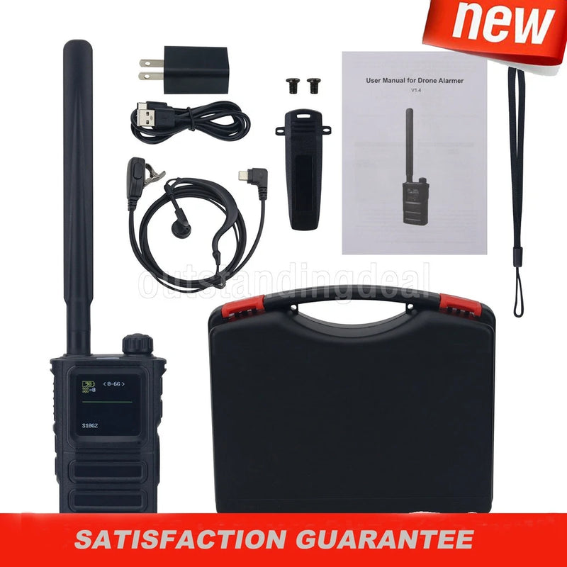 Handheld FPV drone alarm kit with long antenna, black device, cables and manual
