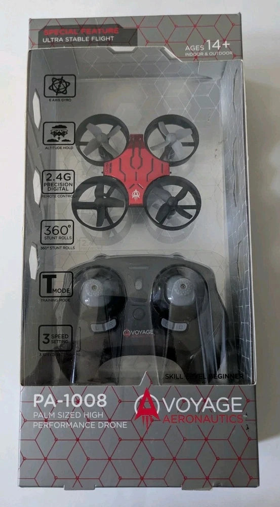 Palm-sized quadcopter drone retail box with four propellers and red accents