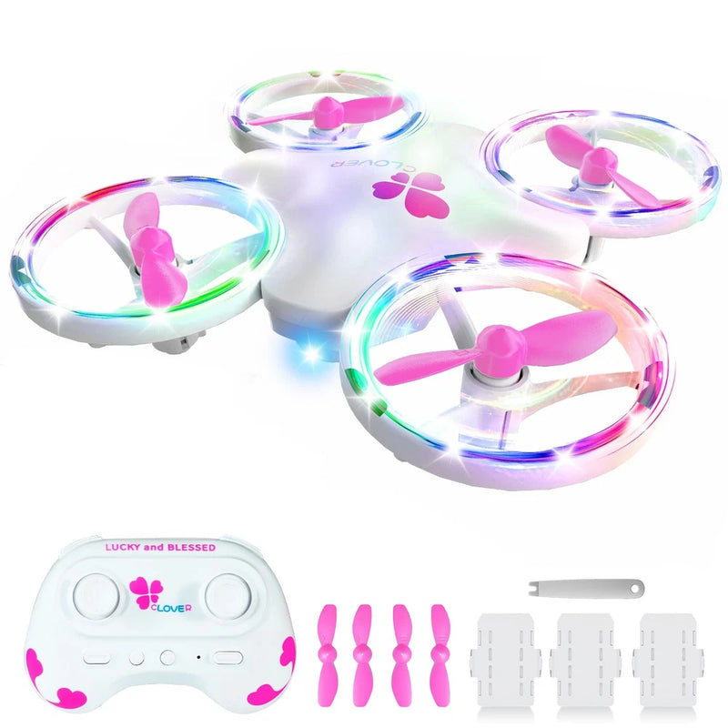 Kids mini light-up quadcopter toy drone with pink LED propellers and controller
