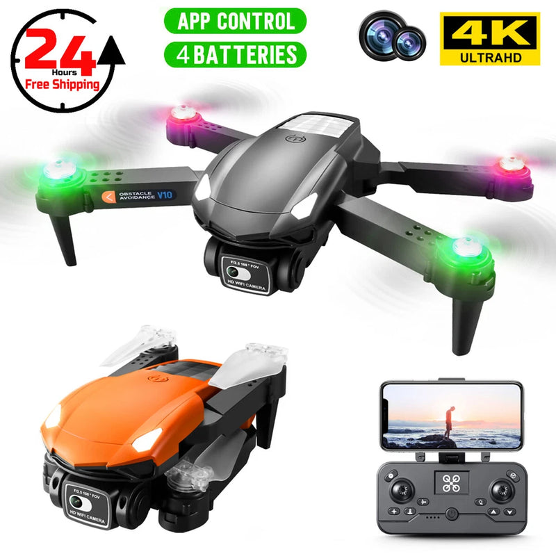 Foldable RC quadcopter drone with dual 4K camera, controller, and extra battery pack