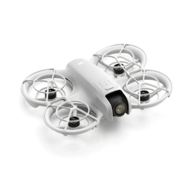 White camera drone with three propellers and folded arms