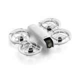 White camera drone with three propellers and folded arms