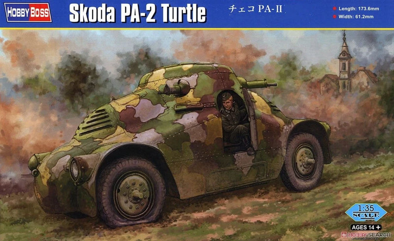 Camouflage armoured car model with turret and side door, green and tan.