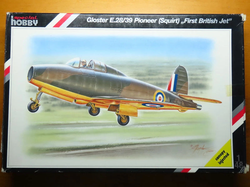 Gloster E.28/39 Pioneer jet model airplane kit box artwork, gray with orange stripe