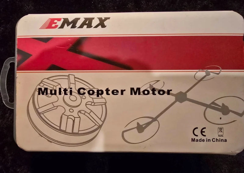 EMAX multicopter motor package with prop diagram, CE mark, and Made in China