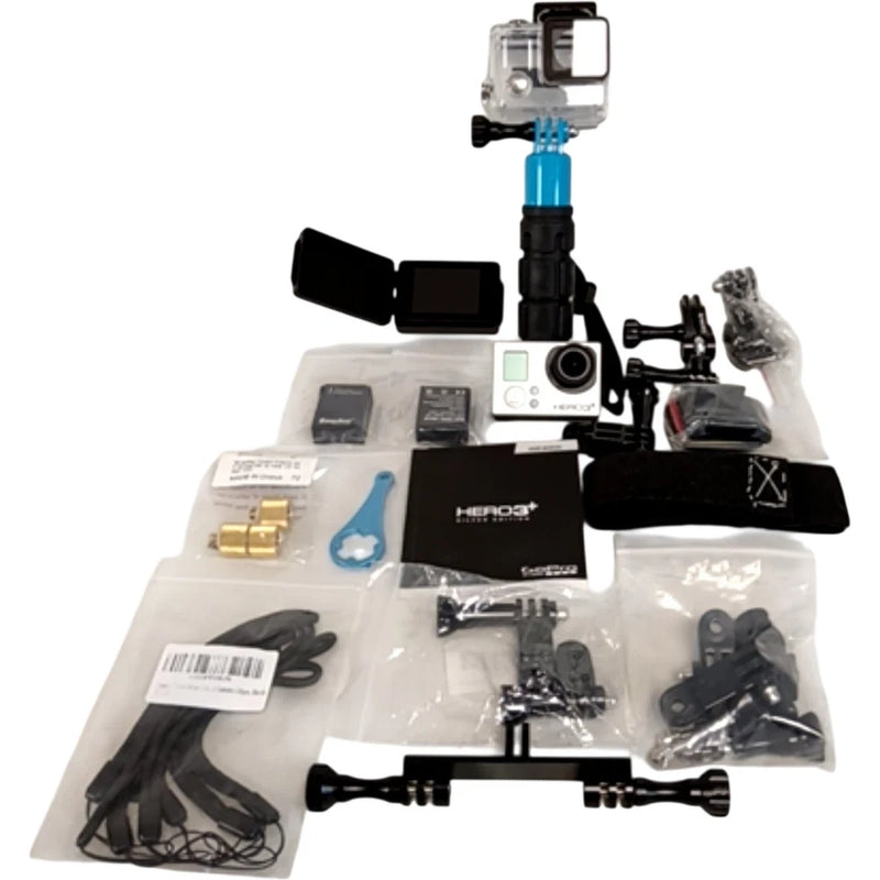 Action camera accessories kit with white camera, mounts, waterproof housing, cables, and parts