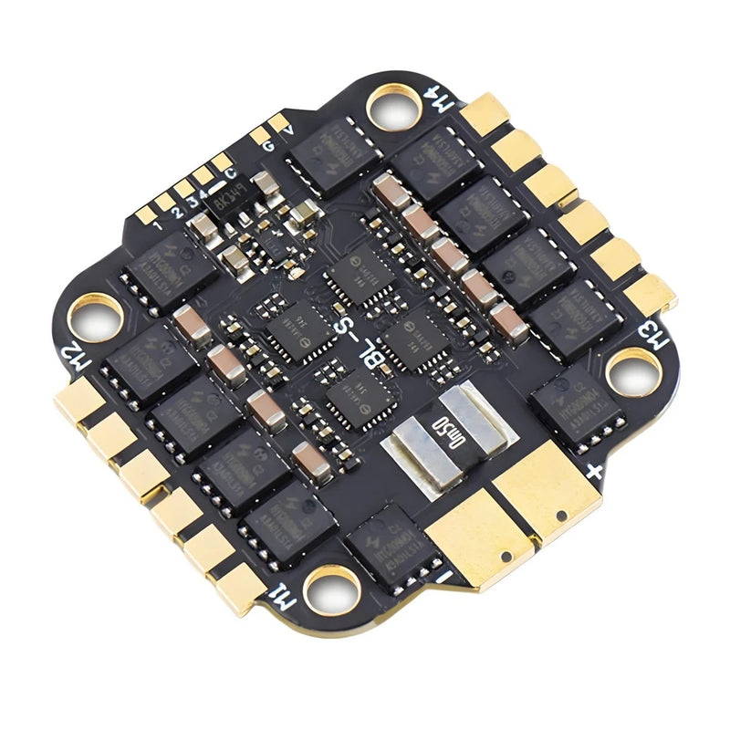 4-in-1 ESC circuit board, black PCB with gold connectors and four IC modules