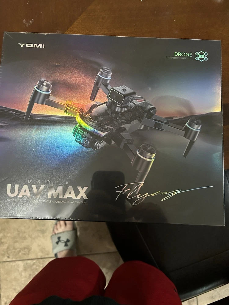 YOMI UAV MAX drone retail box with dual-camera drone illustration