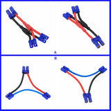 RC LiPo parallel adapter harness with blue EC3 connectors, red/black wire leads.