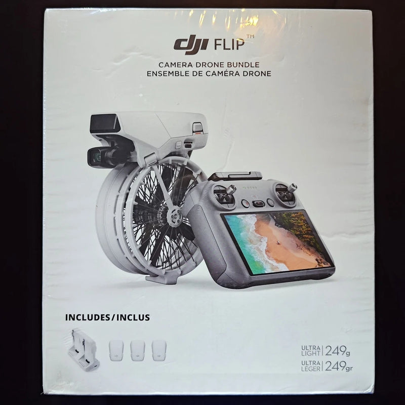 DJI Flip camera drone bundle box with drone, controller screen, and 3 batteries icons