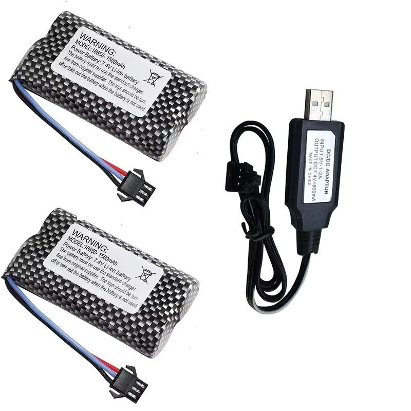 2PCS 7.4V 1500mAh SM-3P Plug Li-po Battery w/ USB Charging Cable for DE43 DE60
