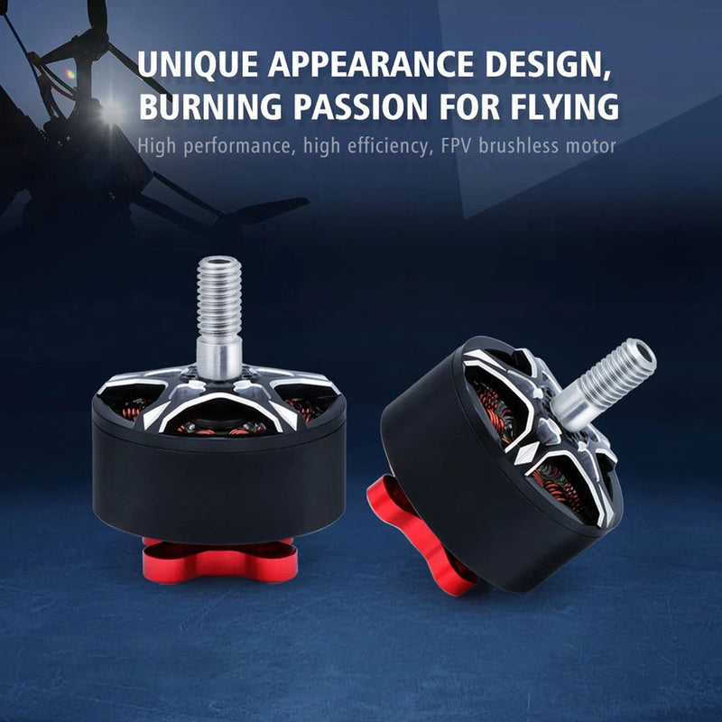 Black FPV brushless motor with silver threaded shaft and red mounting tabs