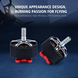 Black FPV brushless motor with silver threaded shaft and red mounting tabs