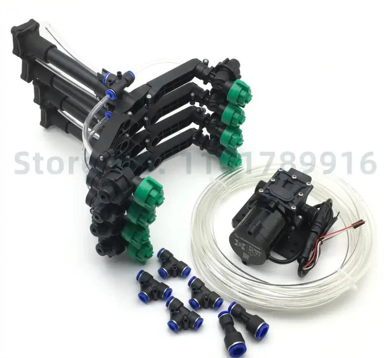 Y-shaped spray rod kit with pump, clear tubing, blue fittings and green nozzles
