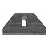 Gray metal battery hold-down clamp with central slot opening