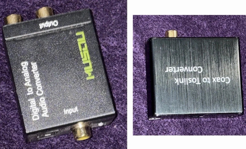 Coax to Toslink audio converter adapter, black metal box with gold connectors