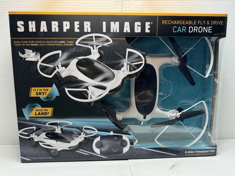 Rechargeable fly-and-drive car drone set in retail box, includes dual vehicles and transmitter