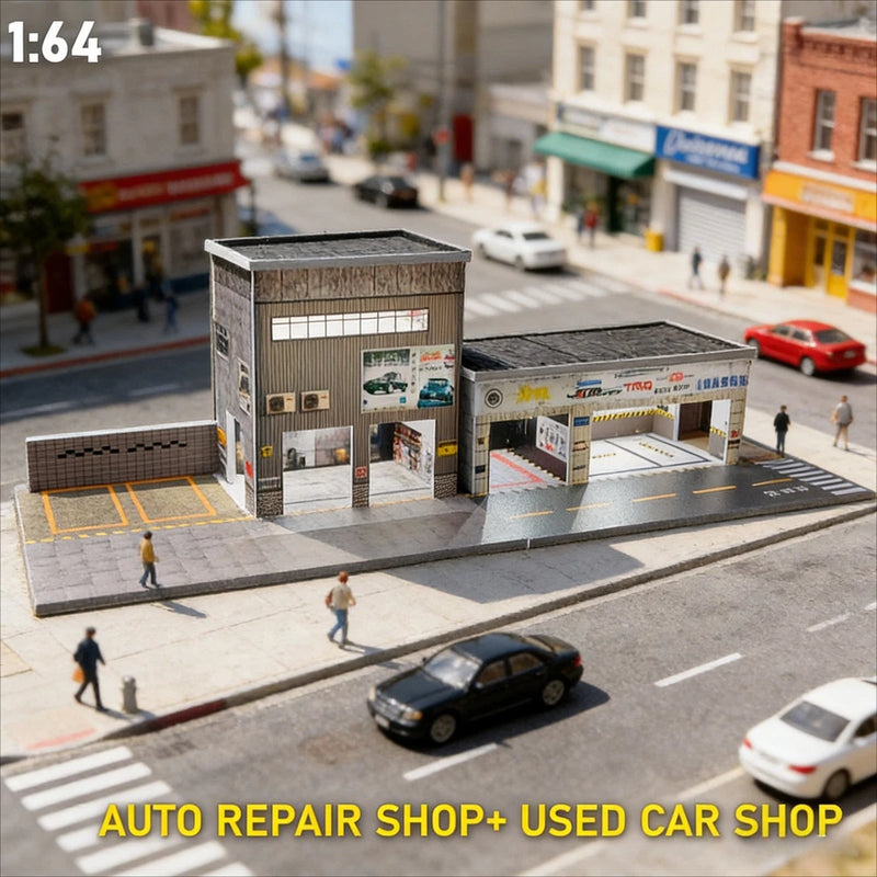 Diorama 1/64 Car Garage Model LED City Street Repair Building Display Model Gift