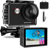 Apexcam M90 Pro black action camera with front lens and rear LCD screen in housing