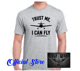 Men's heather gray cotton t-shirt with airplane graphic and “Trust me, I can fly” text