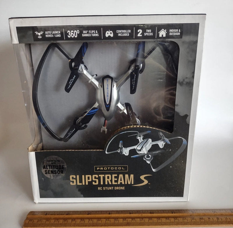 RC stunt drone box with blue-accent quadcopter and four rotors